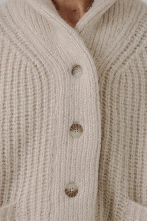 Alpaca and cotton cardigan, oversized fit, 4 button and cowl neck, light weight. Brand is Bare Knit.