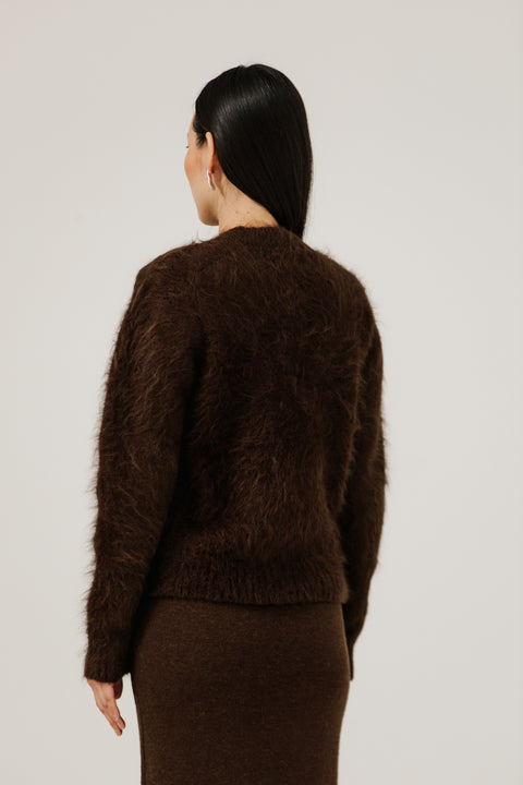 Alpaca wool crewneck dark brown sweater, medium weight, merino wool, soft and classic fitting. Brand is Bare Knit