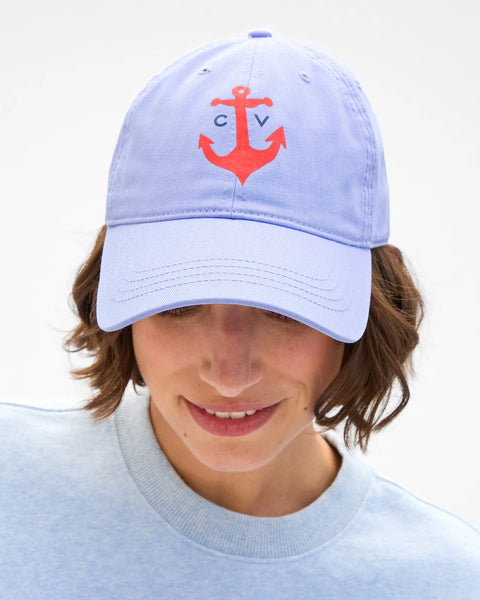 Front view of Clare V lilac baseball cap with anchor embroidery – nautical inspired women's designer hat