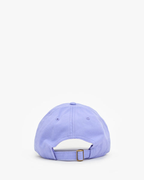 Close-up of Clare V lilac cap anchor embroidery detail – cotton women's summer hat