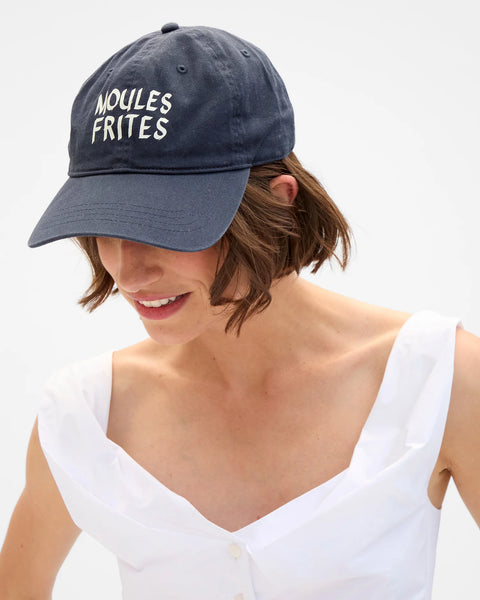 Clare V navy Moules Frites baseball hat styled – statement embroidered cap made in Los Angeles