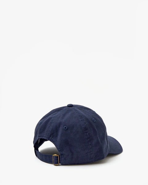 Close-up of Clare V navy baseball cap Moules Frites embroidery detail – 100% cotton summer hat