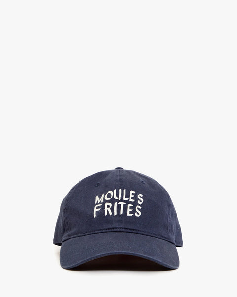 Clare V Baseball Hat in Navy Moules Frites – 100% cotton navy baseball cap with Moules Frites embroidery, embroidered in Los Angeles