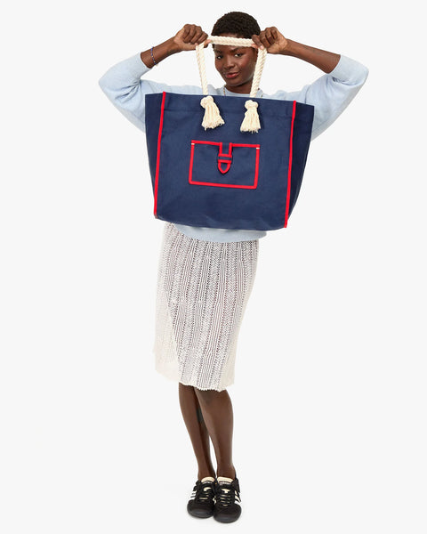 Clare V Beach Marine Navy Canvas Bag - Close-Up of Nautical Rope Strap and Cotton Canvas Fabric Detail