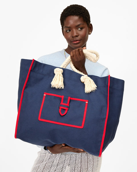 Clare V Beach Marine Tote in Navy Canvas - Large Cotton Canvas Beach Bag with Nautical Rope Strap and Exterior Pocket
