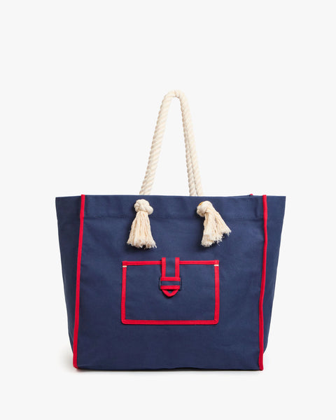 Clare V Beach Marine Navy Canvas Tote - Front View Showing Open Top Silhouette, Exterior Pocket and Rope Strap Detail
