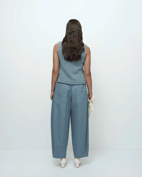Blue boat neck knit tank back view relaxed silhouette
