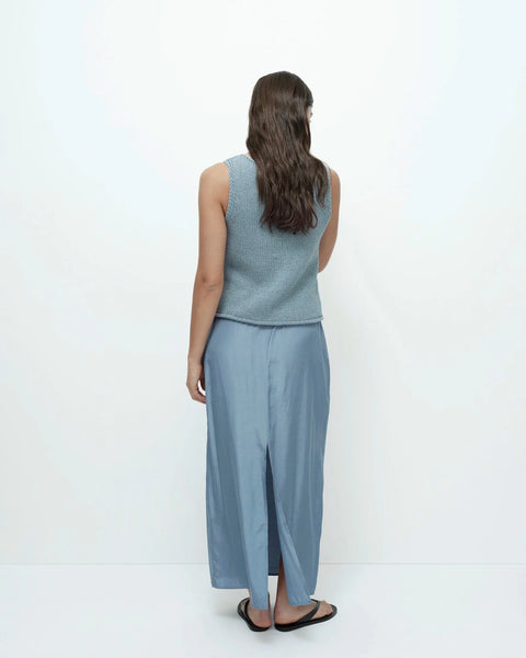 Blue knit tank full length outfit relaxed silhouette
