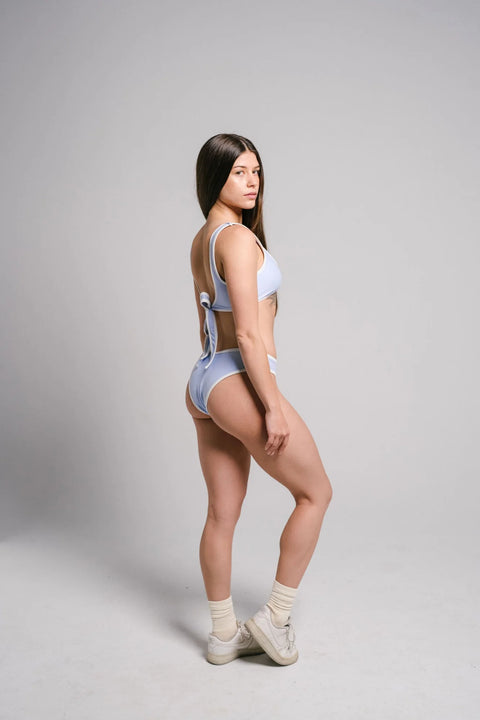 Light blue bikini bottoms, v-cut form fitting, high cut leg, medium coverage. Double lined and made of 100 Polyamide Elastane Blend