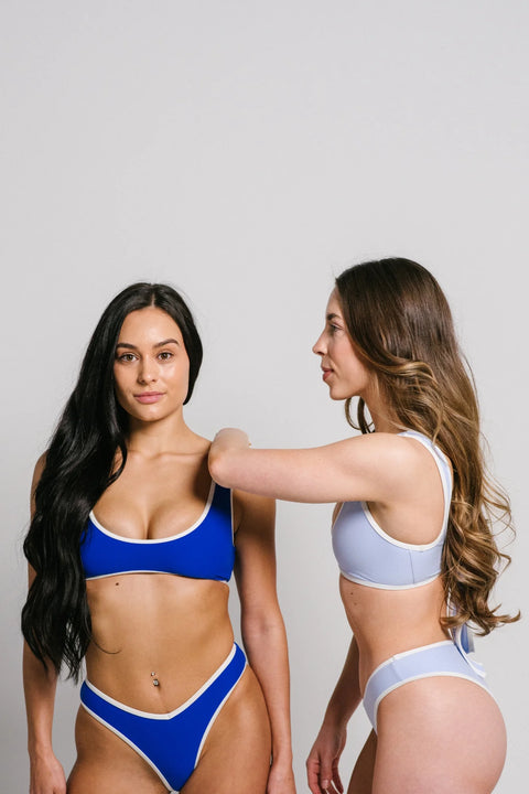 Light blue bikini bottoms, v-cut form fitting, high cut leg, medium coverage. Double lined and made of 100 Polyamide Elastane Blend