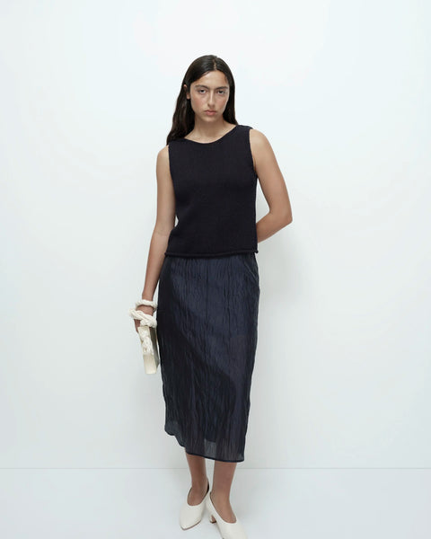 Navy boat neck tank front standing view minimal knit design