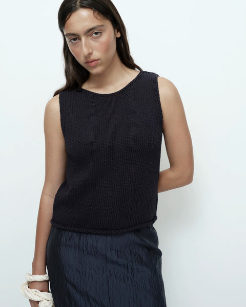 Navy boat neck knit tank linen blend relaxed fit front view model