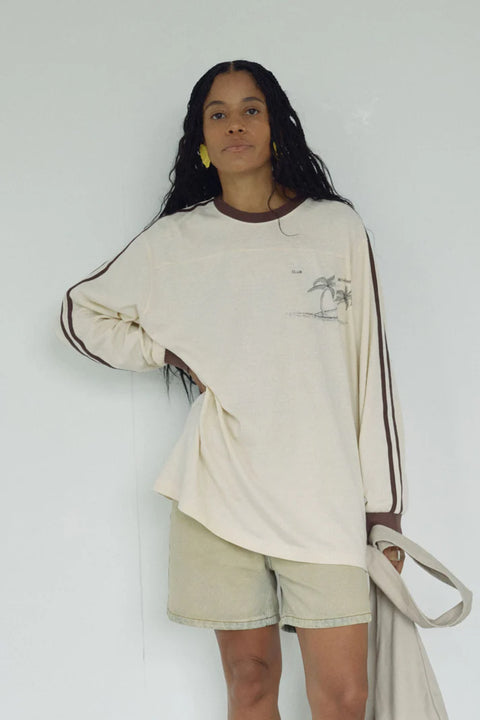 Bohème Goods The Racer Tee, long sleeve top with brown stripe and cuff, cream in colour, oversized fit.