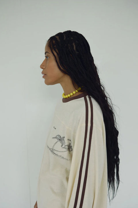 Bohème Goods The Racer Tee, long sleeve top with brown stripe and cuff, cream in colour, oversized fit.