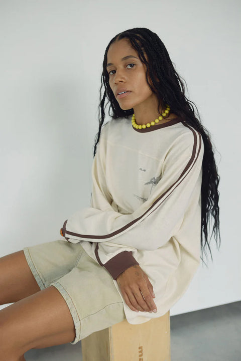 Bohème Goods The Racer Tee, long sleeve top with brown stripe and cuff, cream in colour, oversized fit.