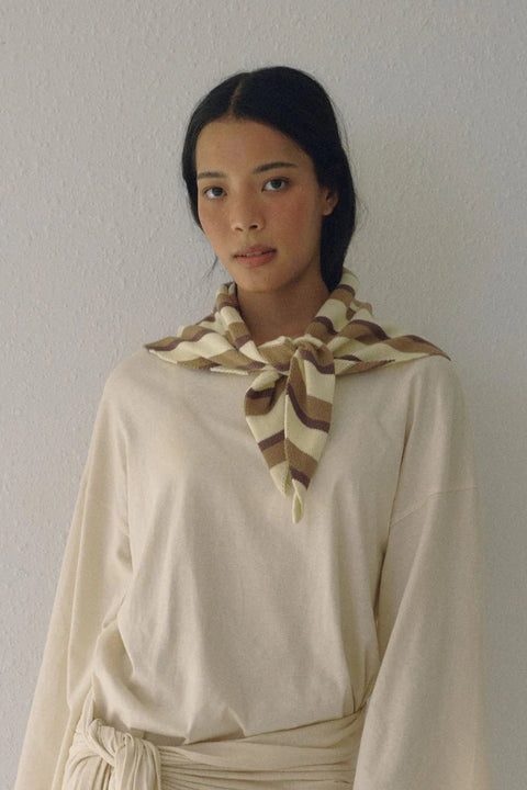 Cotton striped bandana, triangle scarf in cream and beige brown