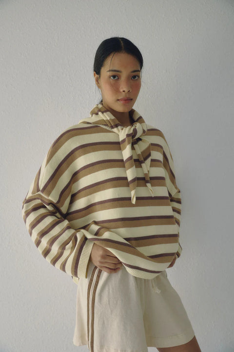 Cotton striped bandana, triangle scarf in cream and beige brown