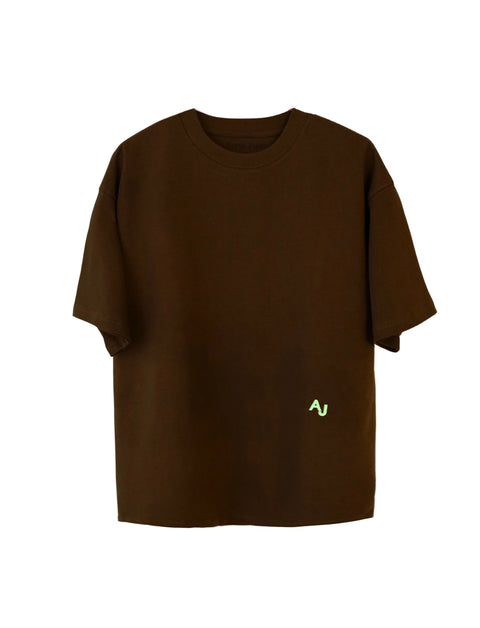 oversized graphic tee with tarot cards, shirt is cotton and brown and design is light green