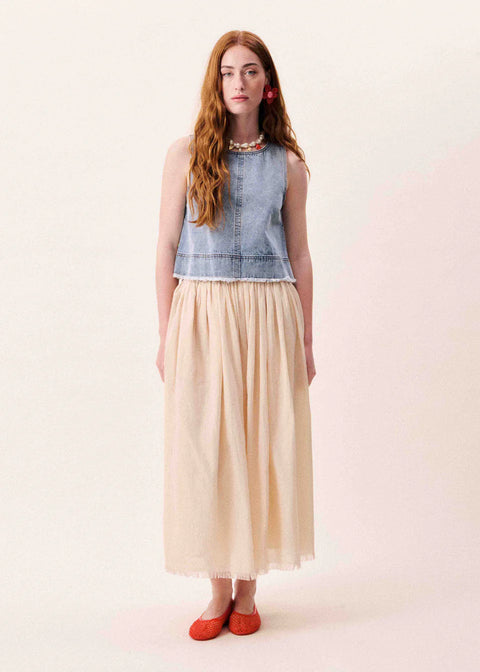 FRNCH Aqualina Top in Bleu Jean - sleeveless denim blue cotton tank top with frayed hem and contrast topstitching