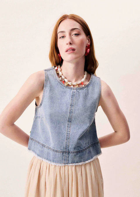 FRNCH Aqualina Top in Bleu Jean - sleeveless denim blue cotton tank top with frayed hem and contrast topstitching