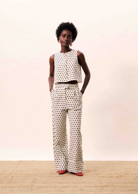 FRNCH Isolde Pant in Creme - high-rise wide-leg trousers in geometric-print cotton linen blend with elasticated waist