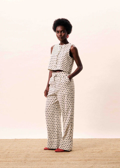 FRNCH Isolde Pant in Creme - high-rise wide-leg trousers in geometric-print cotton linen blend with elasticated waist
