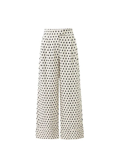 FRNCH Isolde Pant in Creme - high-rise wide-leg trousers in geometric-print cotton linen blend with elasticated waist