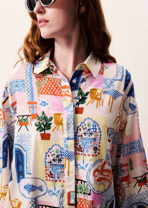 FRNCH Topaze Shirt in Bord De Leau - relaxed Mediterranean-inspired patchwork print shirt with classic collar and button placket