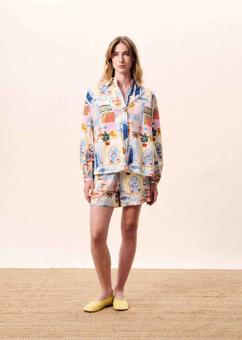 FRNCH Lapis Short in Bord De Leau - high-rise flowy patchwork print shorts with elasticated waist and architectural botanical print