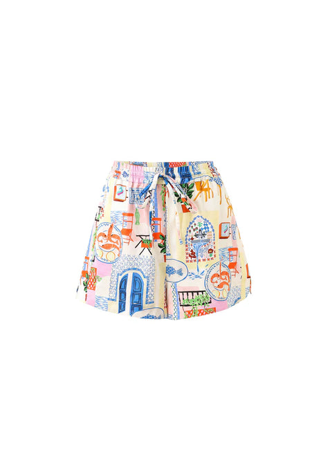 FRNCH Lapis Short in Bord De Leau - high-rise flowy patchwork print shorts with elasticated waist and architectural botanical print