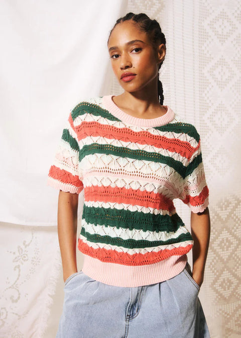 FRNCH Gelsomina Sweater in Multi - Women's Fine Knit Openwork Jumper with Contrasting Colourful Stripes and Short Sleeves