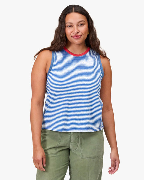 Clare V. Clare V Camp Fit Tank in Blue with Cream Mini Stripe: features cotton, linen