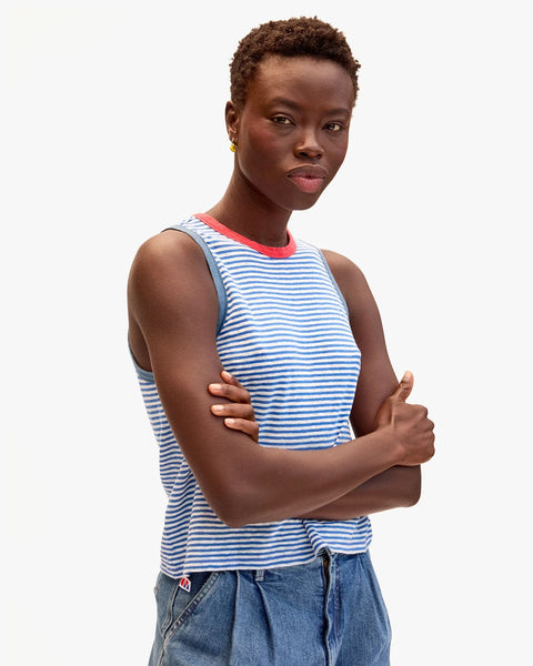 Clare V. Clare V Camp Fit Tank in Blue with Cream Mini Stripe: features cotton, linen
