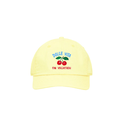 On Vacation Cherry Cap in Pastel Yellow - Women's 100% Cotton Baseball Cap Channelling La Dolce Vita Summer Style
