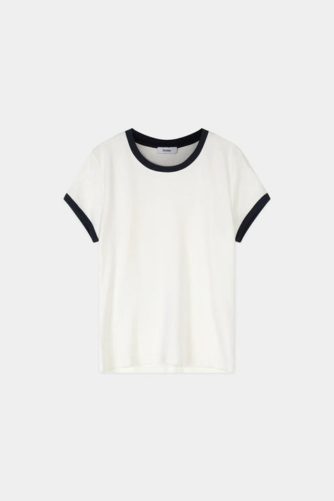 White tee with navy trim, jersey, short sleeve