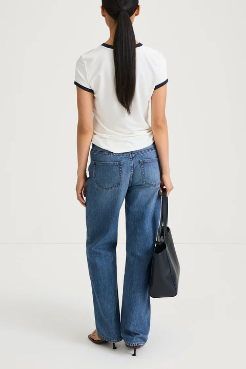 White tee with navy trim, jersey, short sleeve