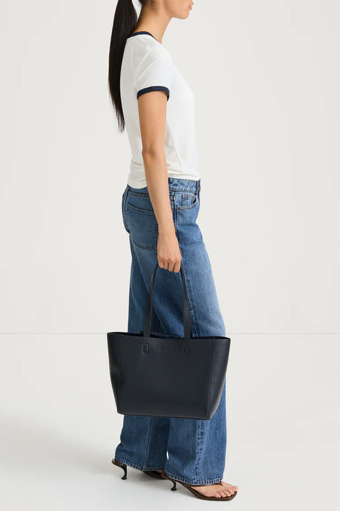 White tee with navy trim, jersey, short sleeve