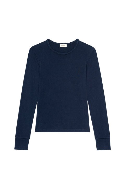 Navy cotton model long sleeve crewneck, slim-fit, scalloped edges along the neckline and cuffs.