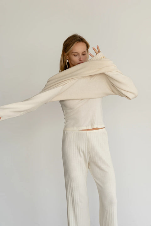 Cream cropped, cotton Lounge pant in Pointelle, easy elastic waistband and a cropped silhouette
