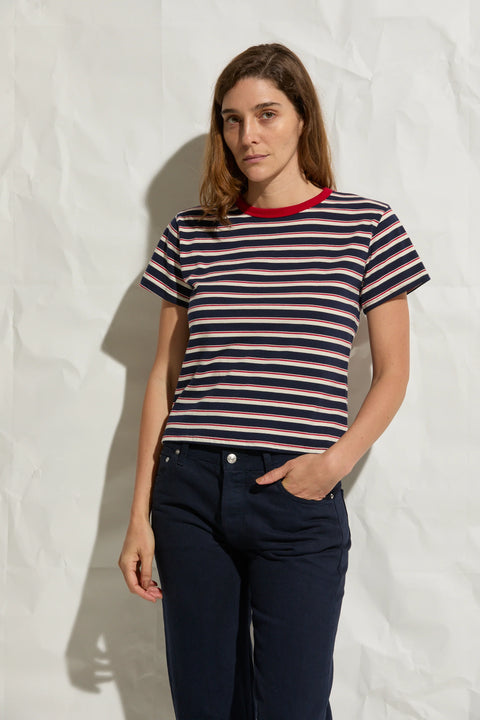 Asher Mina Stripe SS Tee in Navy Natural Red - Women's Shrunken Airy Fit 100% Supima Cotton Short Sleeve Stripe Tee with Flatlock Construction, Made in Los Angeles