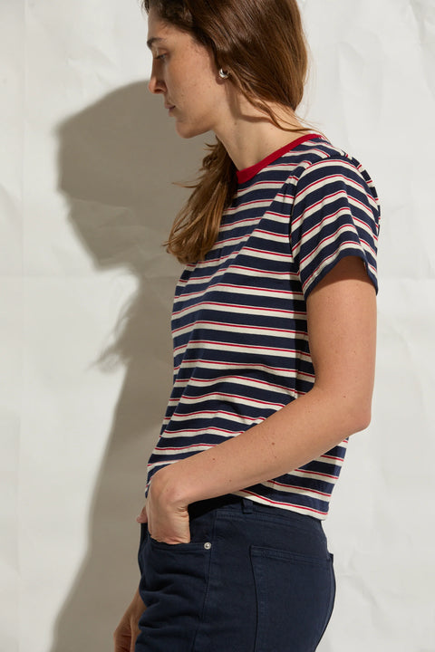 Asher Mina Navy Natural Red Stripe Tee - Front View Showing Classic Navy and Red Stripe and Shrunken Airy Fit