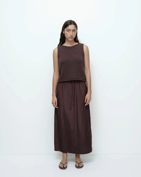 Dark brown knit tank full outfit styled with matching skirt relaxed fit