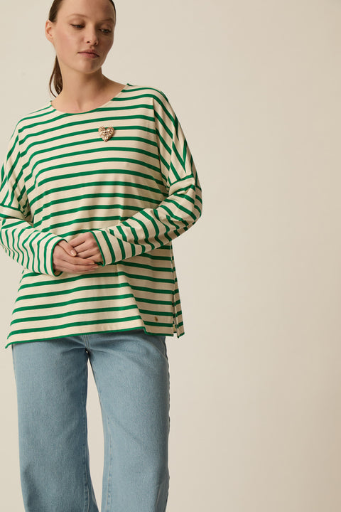 Heavy weight cotton white and green striped sweater, oversized fit