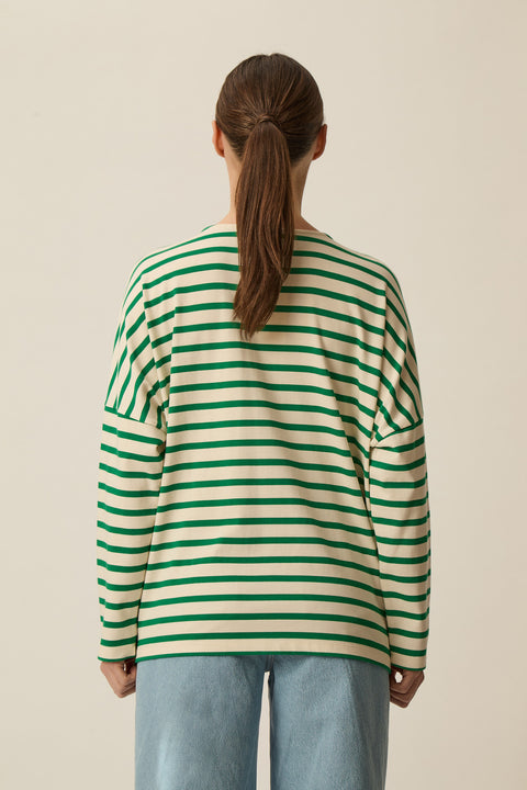 Heavy weight cotton white and green striped sweater, oversized fit
