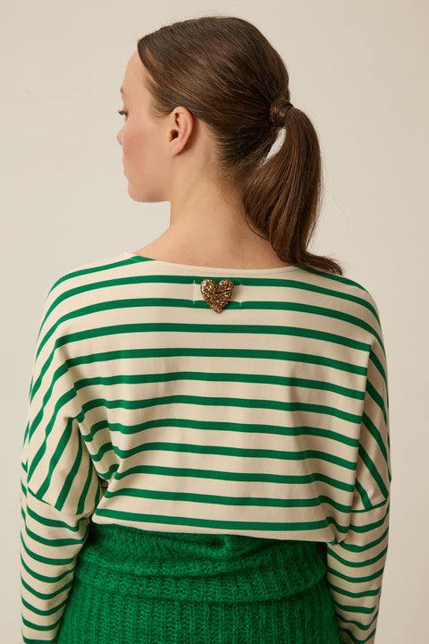 Heavy weight cotton white and green striped sweater, oversized fit