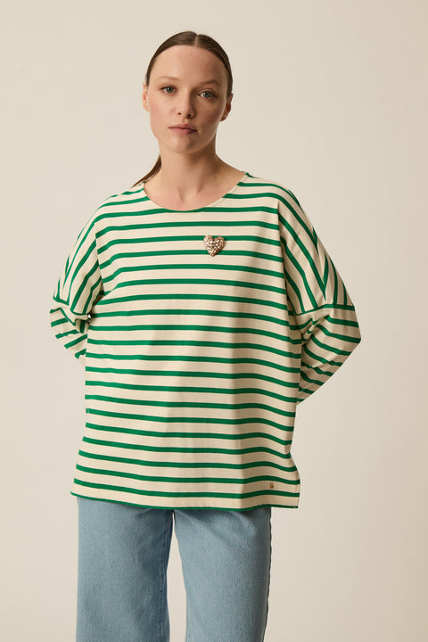Heavy weight cotton white and green striped sweater, oversized fit