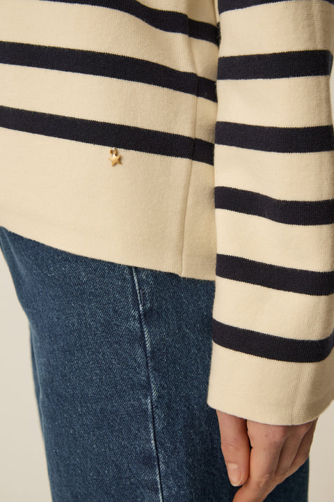 Sweater jumper, stripe with cream and navy, wide cute, offset sleeves, cotton and cashmere,