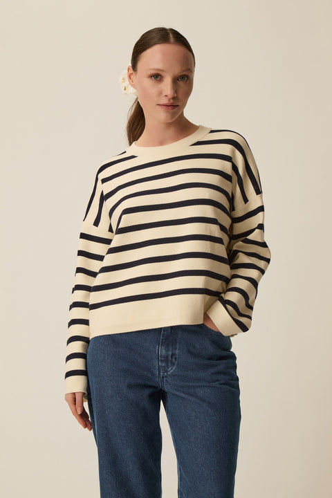Sweater jumper, stripe with cream and navy, wide cute, offset sleeves, cotton and cashmere,