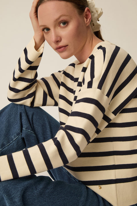 Sweater jumper, stripe with cream and navy, wide cute, offset sleeves, cotton and cashmere,