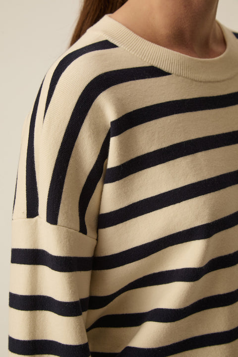 Sweater jumper, stripe with cream and navy, wide cute, offset sleeves, cotton and cashmere,